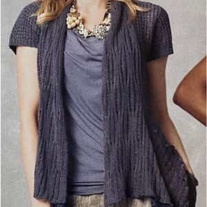 CAbi 286 Women's Cottage Cardigan Open Front Knit Blue/Grey Short Cap Sleeves XS
